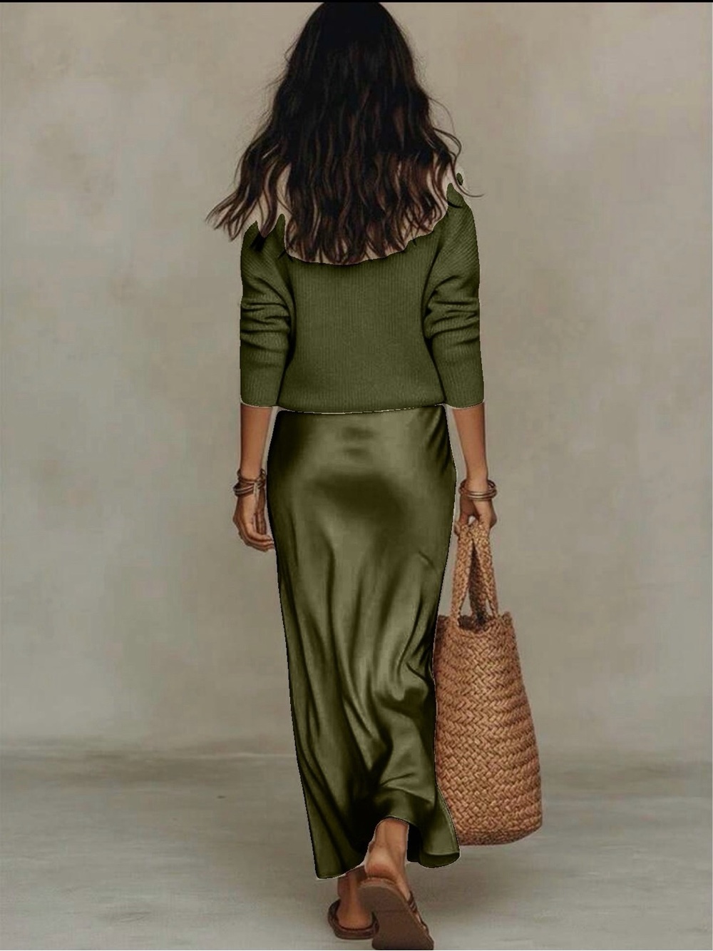 Olive Satin Maxi Dress with Knit V-Neck Bodice - Picture 3 of 4